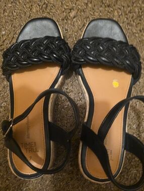 Time and Tru Black Braided Front Ankle Strap Sandals